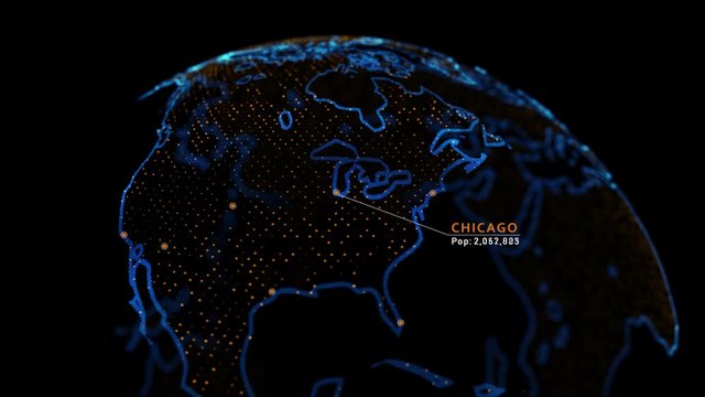 4k 3D Holographic earth featuring major cities in the US with population data plotted. 2020 Chicago population according to the census bureau