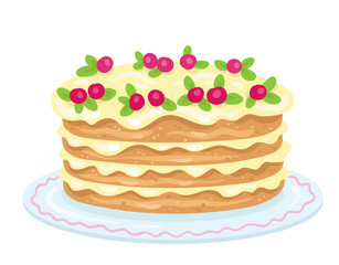 Big beautiful decorated cake . In cartoon style. Isolated on white background. Vector flat illustration.