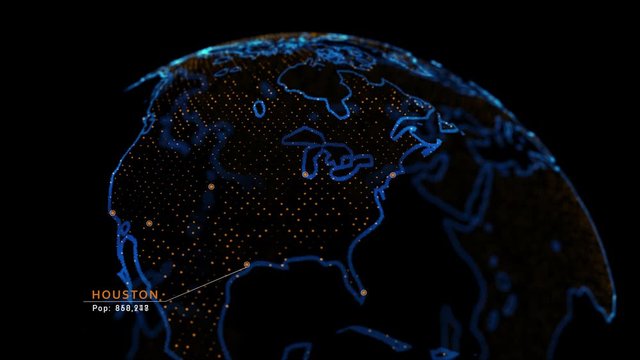 4k 3D Holographic earth featuring major cities in the US with population data plotted. 2020 Houston population according to the census bureau