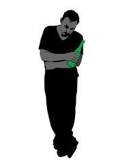 Man with a bottle in his hand stands on a white background. Image on the dangers of alcoholism