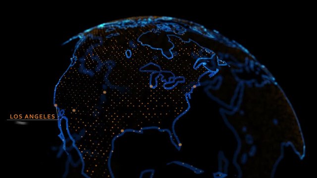 4k 3D Holographic earth featuring major cities in the US with population data plotted. 2020 Los Angeles population according to the census bureau