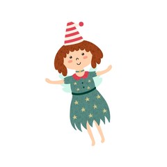 Cute little witch flying in the sky. Funny fairy