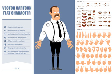 Cartoon flat funny fat office worker with mustache and black tie. Ready for animation. Face expressions, eyes, brows, mouth and hands easy to edit. Isolated on blue background. Big vector icon set.