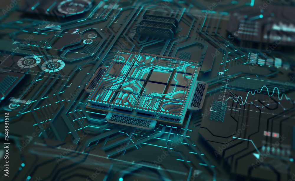 Poster Artificial intelligence, digital mind, computer technology. Motherboard, processor, CPU, quantum computer 3D illustration. High tech and cyber technology in global digital space