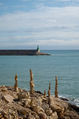 
Stone sculptures in Zen balance on the south coast of Pe&ntilde;&iacute;scola, Mediterranean Sea