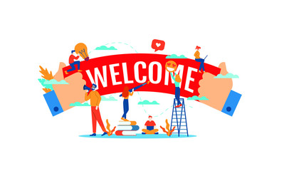 Welcome big word with small people vector illustration concept template white background isolated can be use for presentation web banner UI UX landing page