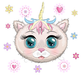 Cute Cartoon pink kitten face on a flovers background