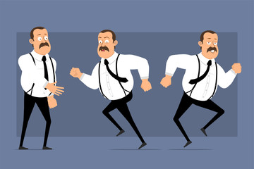 Obraz premium Cartoon flat funny cute fat office worker with mustache and black tie. Ready for animation. Man running and shaking hands. Isolated on blue background. Vector icon set.