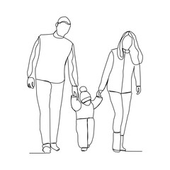 Continuous line drawing of happy family dad, mom, and child. Single line art concept of small family. Vector illustration