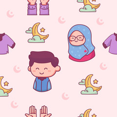 islamic seamless pattern pray on ramadhan hand drawn illustration