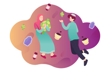 Flat Illustration of two people happily welcome Eid Fitri concept art