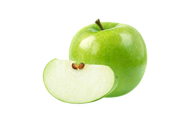 Ideal green apple and apple slice isolated on white