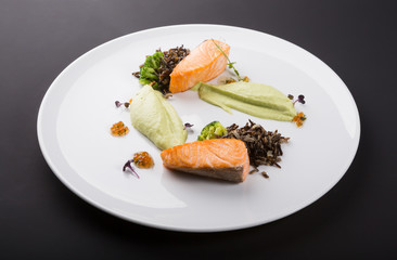 Fried salmon with mushrooms