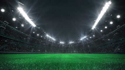 Spectacular football stadium full of spectators expecting an evening match on the grass field, view from the player level. Sport category 3D illustration.
