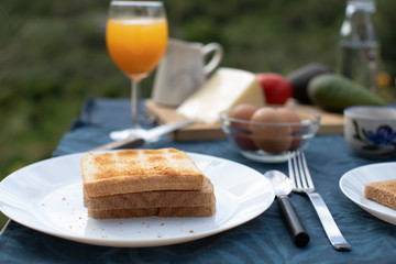 natural healthy breakfast with views in the countryside 