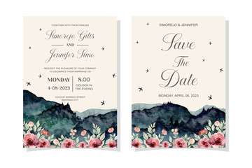 wedding invitation card with mountains flower watercolor