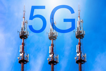 Telecommunication three towers.5G mobile technologies.concept of wireless radio Internet.