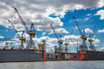 Hafenkräne auf einer Werft im Hamburger Hafen
