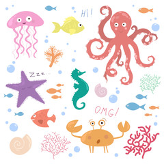 Children illustration of underwater life (jellyfish, octopus, seahorse, starfish, crab, shell, fish, corals)