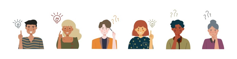Thoughtful people. Man, Woman are thinking. People have good idea. Question mark. Vector illustration.