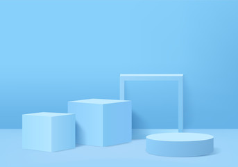 Minimal Podium and scene with 3d render vector in abstract Blue background composition, 3d illustration mock up scene geometry shape platform forms for product display. stage for awards in modern.