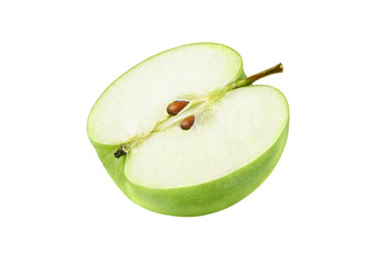 Green apple half with seeds isolated on white