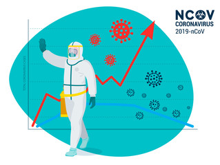 Smoothing the COVID-19 coronavirus curve prevents a sharp peak in infections. Medical worker in protective gear are working to smooth out the curve to slow down COVID-19 infection