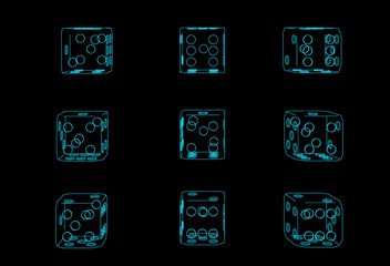 9 blue dice on a black background. The contours of the dice, the background for your design project.