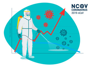 Smoothing the COVID-19 coronavirus curve prevents a sharp peak in infections. Medical worker in protective gear are working to smooth out the curve to slow down COVID-19 infection