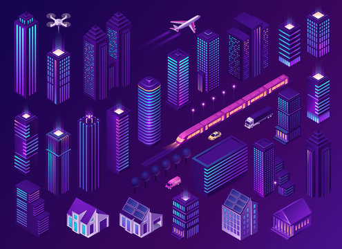 Smart city with modern buildings, technologies and transport. Vector isometric illustration of urban infrastructure with skyscrapers, houses and office buildings, cars, train and airplane