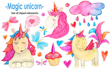 Set of watercolor illustrations. Magical holiday unicorns on a white background.