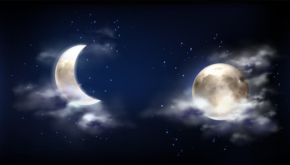 Moon in night sky with clouds and stars. Vector realistic illustration of full moon and crescent on dark midnight sky. Starry outer space with bright glowing planet and fog - obrazy, fototapety, plakaty
