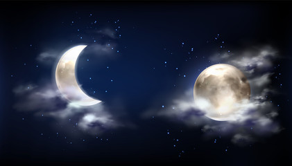 Moon in night sky with clouds and stars. Vector realistic illustration of full moon and crescent on dark midnight sky. Starry outer space with bright glowing planet and fog