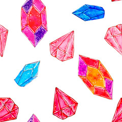 A seamless pattern of multicolored gemstones on a white background, drawn in watercolor.