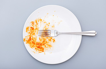 Top view of white plate and fork, dirty dish with food remnants on gray background, concept picture. 