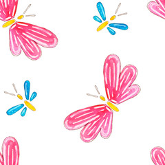 Seamless pattern of blue and pink butterflies on a white background, painted in watercolor.