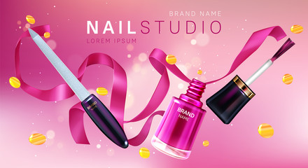 Manicure studio brand poster. Vector realistic nail polish in open glass bottle, brush with pink lacquer and nail file with silk ribbon and golden confetti. Promo banner, advertising background