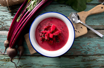 Tasty homemade beetroot soup close up