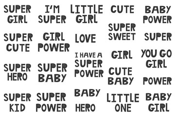 Collection of superhero black and white hand drawn lettering. Vector illustration set.