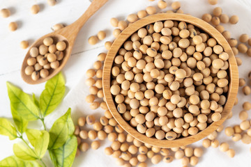 top view of soybean or soya bean in a bowl on white wooden background