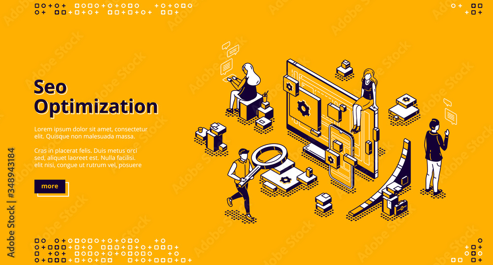 Wall mural seo optimization isometric landing page. technology for internet marketing and digital business cont