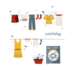 Set of icons on the theme of washing clothes, laundry. Illustrations for a poster about cleanliness. Soviet style, geometric, constructivism, avant-garde