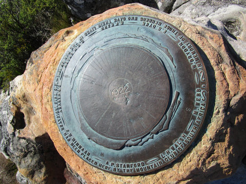 The metal plate indicating the 360 degrees view information from the top of Table Mountain, over Cape Town in South Africa. The plate indicates anything that can be seen from the summit of the mount