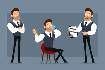 Cartoon flat funny strong muscular businessman character with black tie. Ready for animations. Boy talking on phone and showing to do list notebook. Isolated on gray background. Big vector icon set.
