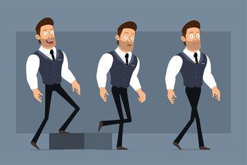 Cartoon flat funny cute strong muscular businessman character with black tie. Ready for animations. Successful boy walking up to his goal. Isolated on gray background. Big vector icon set.