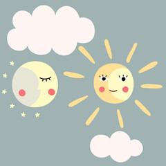 Cute smiling Sun and sleeping moon with stars and clouds. Icons Vector illustration for Kids Fashion, Nursery Design, Baby shower Greeting Card.