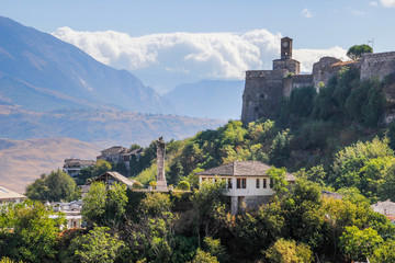 Fototapeta na wymiar The ancient medieval city of Gjirokastër in southern Albania is a UNESCO World Heritage Site and a popular tourist destination in Albania. Ancient Ottoman city