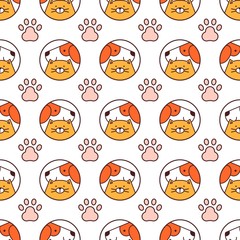 Repeating Dog, Cat and Paw. Pet concept. Animal love theme. Outline Round Icons. Cartoon style, thin line stroke design. Colored Trendy Vector Seamless pattern. Wallpaper, White background