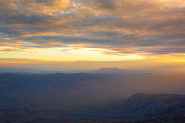 Mountain at sunset, the sky is yellow,Blue Mountains ,Australia, Blue Mountains - Australia, Mountain, Mountain Range, Fog 