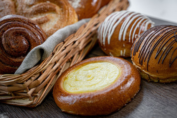 Fresh bakery on a wooden background